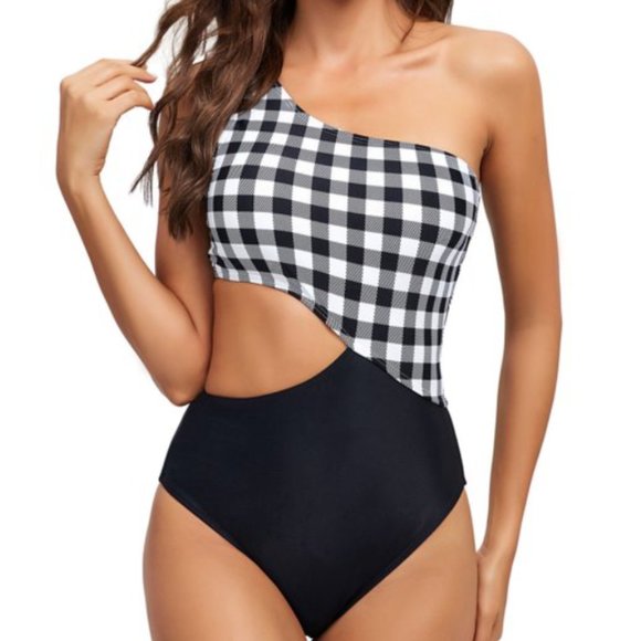 1-piece 1-shoulder cutout Black & White plaid Women’s Monokini size Small NEW - Picture 2 of 4
